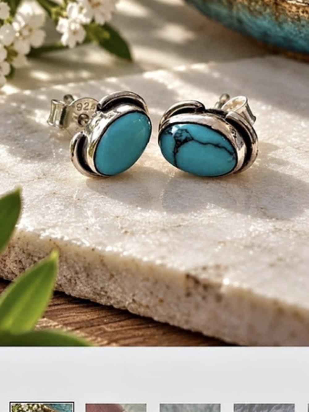 925 Sterling Turquoise Oval Stud Earrings in Blue & Silver Like New